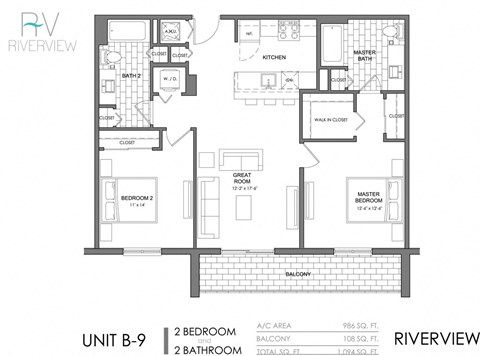 Floor plan for 2 beds, 2 baths, 986 sqft